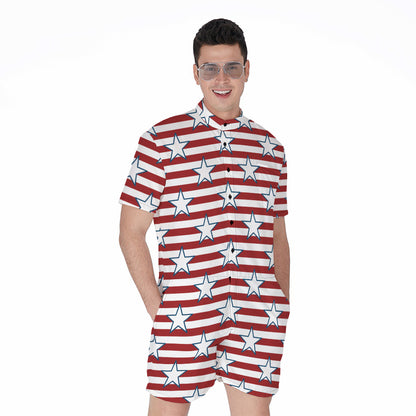 Red Striped USA Star Pattern Print Men's Rompers