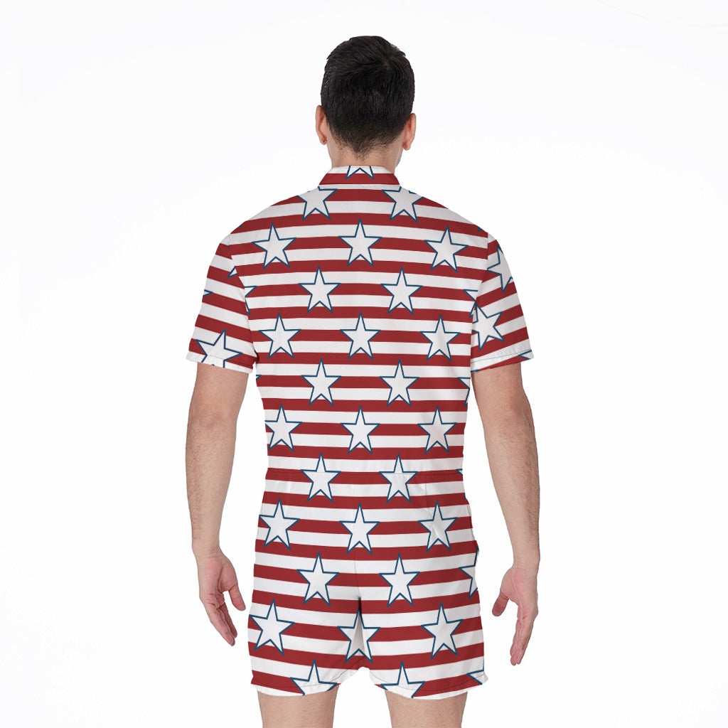 Red Striped USA Star Pattern Print Men's Rompers