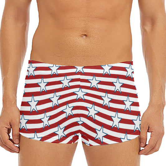 Red Striped USA Star Pattern Print Men's Short Boxer Briefs