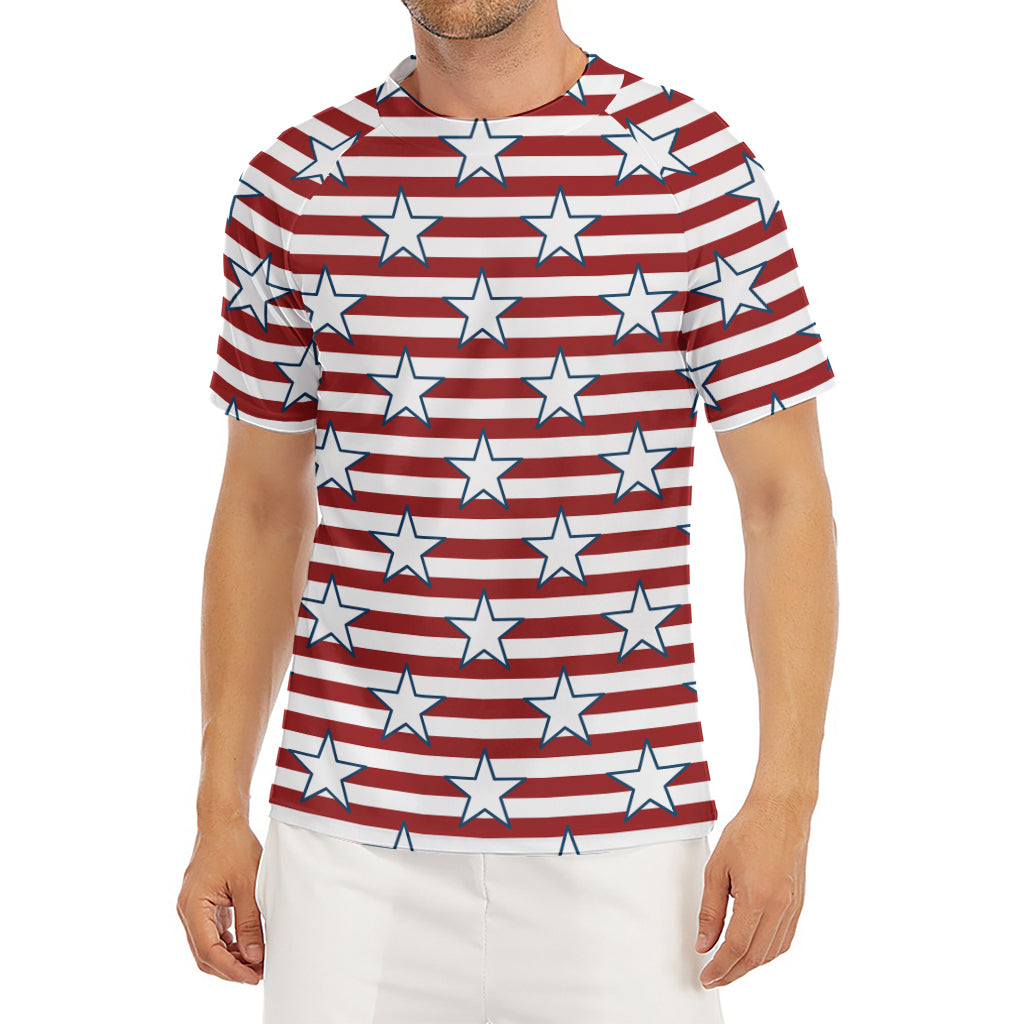 Red Striped USA Star Pattern Print Men's Short Sleeve Rash Guard