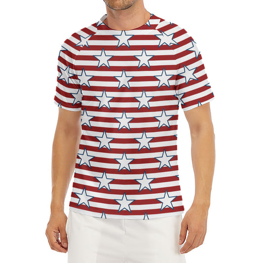 Red Striped USA Star Pattern Print Men's Short Sleeve Rash Guard
