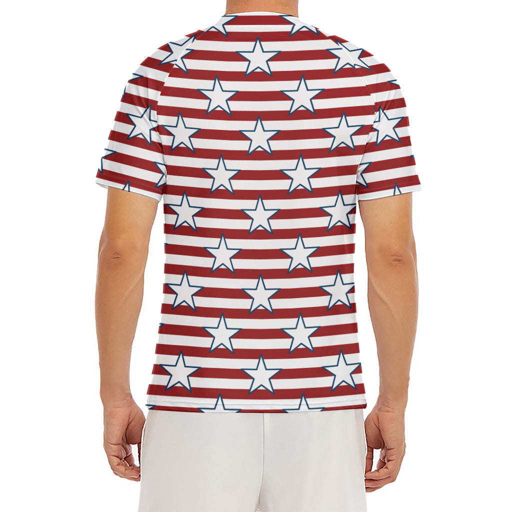 Red Striped USA Star Pattern Print Men's Short Sleeve Rash Guard