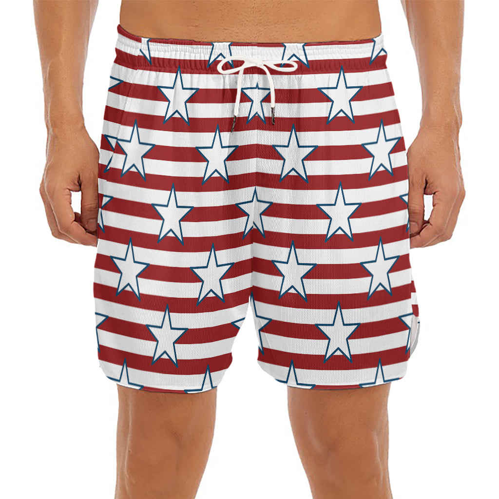 Red Striped USA Star Pattern Print Men's Split Running Shorts