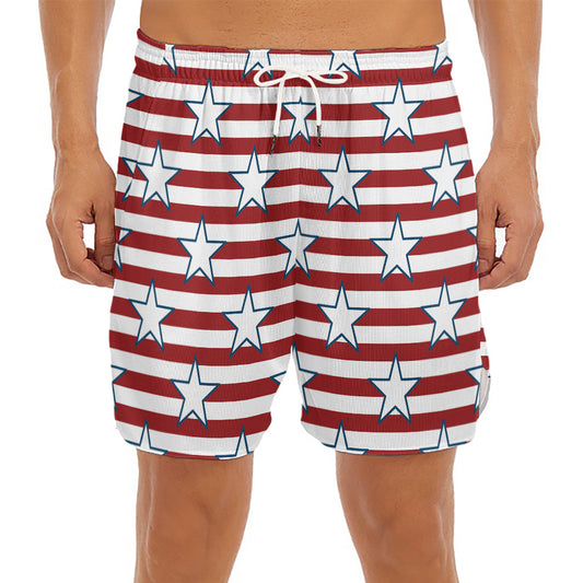 Red Striped USA Star Pattern Print Men's Split Running Shorts
