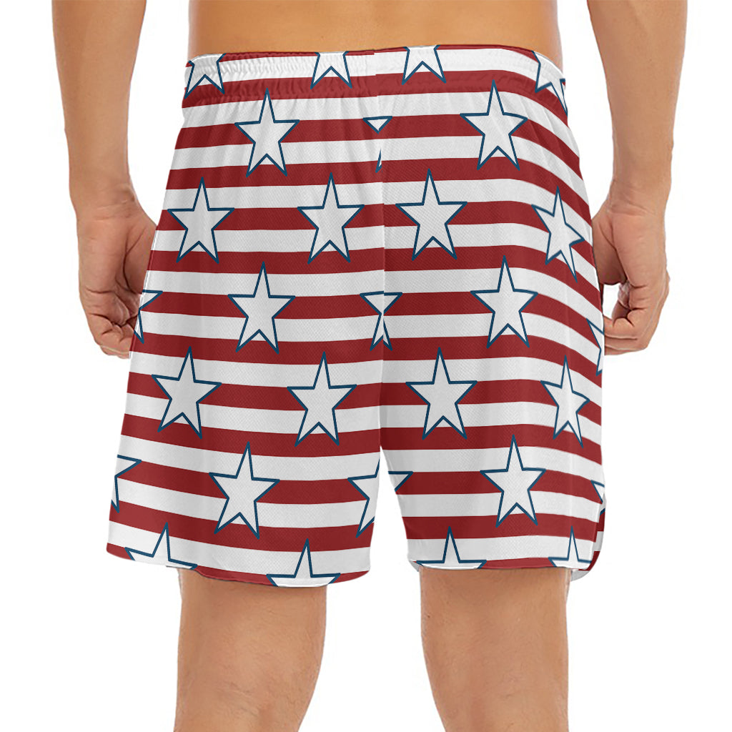 Red Striped USA Star Pattern Print Men's Split Running Shorts