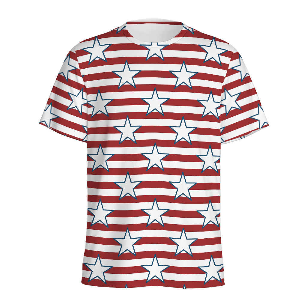 Red Striped USA Star Pattern Print Men's Sports T-Shirt