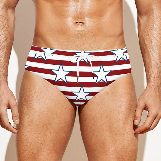 Red Striped USA Star Pattern Print Men's Swim Briefs