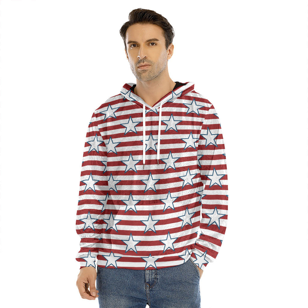 Red Striped USA Star Pattern Print Men's Velvet Pullover Hoodie