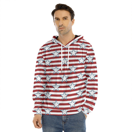 Red Striped USA Star Pattern Print Men's Velvet Pullover Hoodie