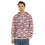 Red Striped USA Star Pattern Print Men's Velvet Pullover Hoodie
