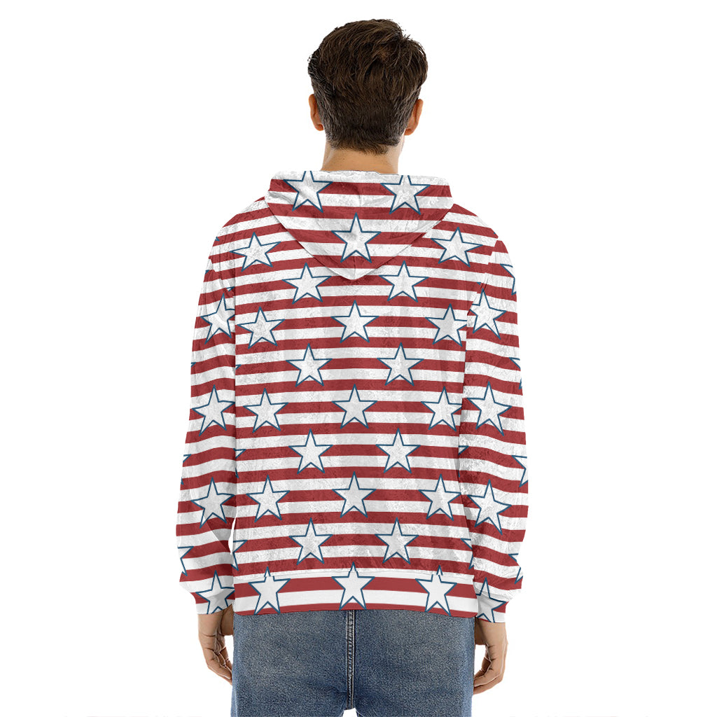 Red Striped USA Star Pattern Print Men's Velvet Pullover Hoodie