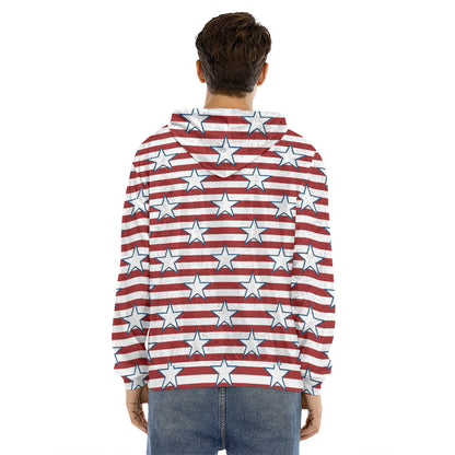 Red Striped USA Star Pattern Print Men's Velvet Pullover Hoodie