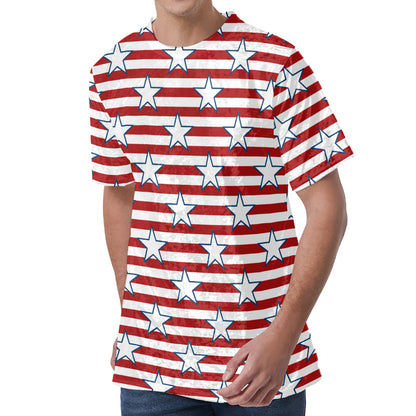 Red Striped USA Star Pattern Print Men's Velvet T-Shirt