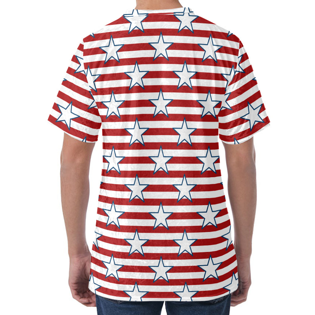 Red Striped USA Star Pattern Print Men's Velvet T-Shirt