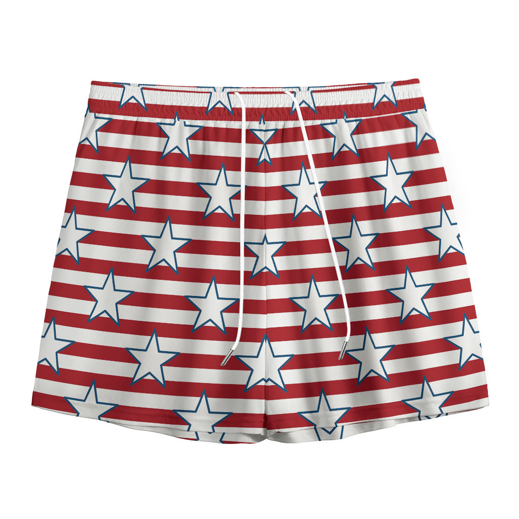 Red Striped USA Star Pattern Print Mesh Shorts