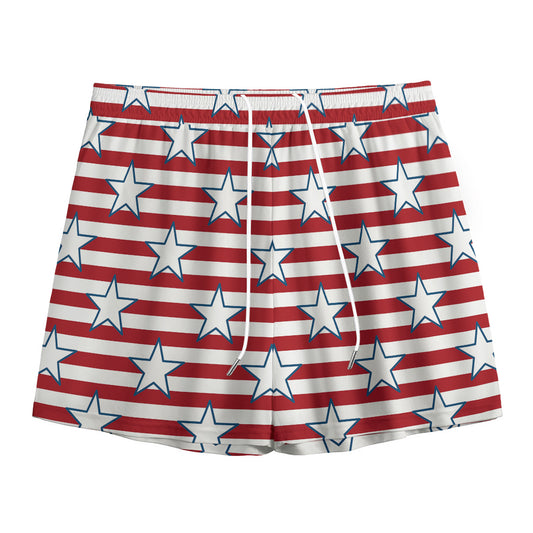 Red Striped USA Star Pattern Print Mesh Shorts