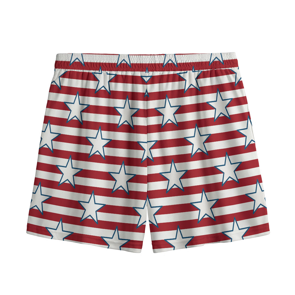 Red Striped USA Star Pattern Print Mesh Shorts