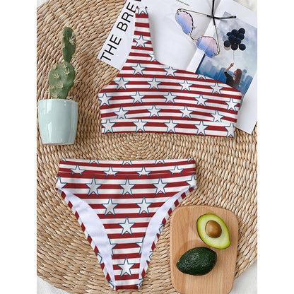 Red Striped USA Star Pattern Print One Shoulder Bikini Top