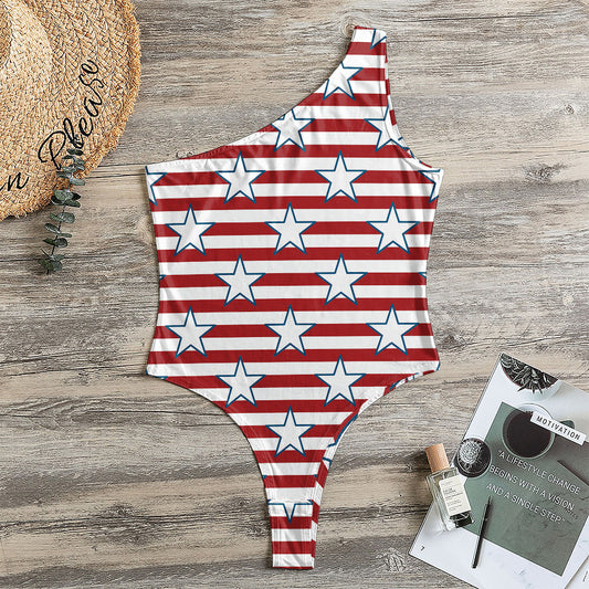 Red Striped USA Star Pattern Print One Shoulder Bodysuit