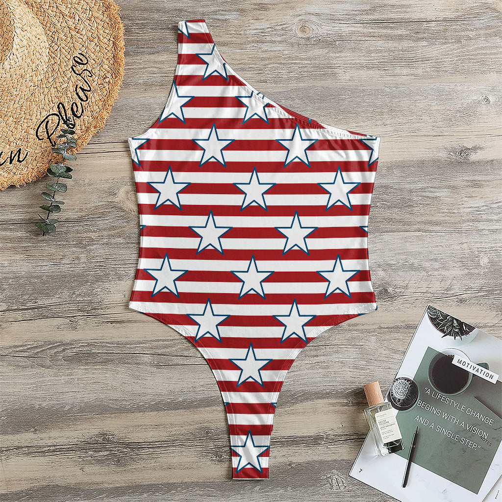 Red Striped USA Star Pattern Print One Shoulder Bodysuit