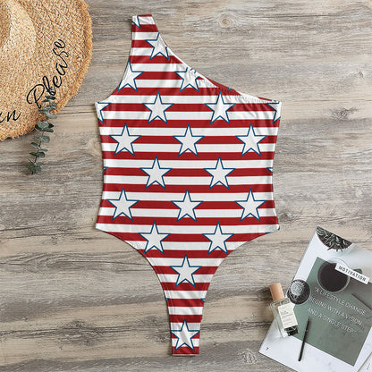 Red Striped USA Star Pattern Print One Shoulder Bodysuit