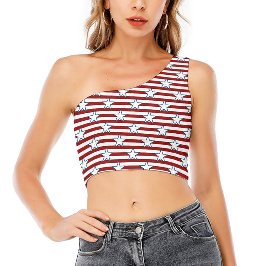 Red Striped USA Star Pattern Print One Shoulder Crop Top