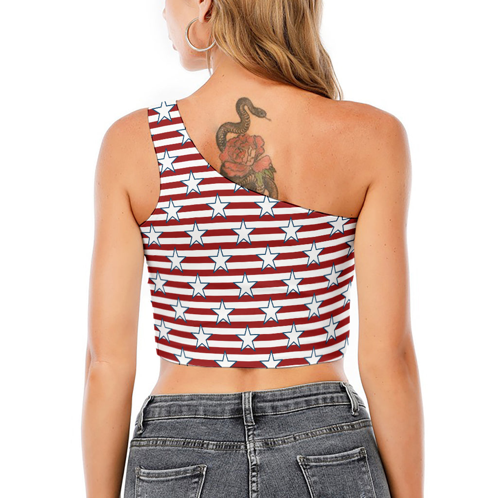 Red Striped USA Star Pattern Print One Shoulder Crop Top