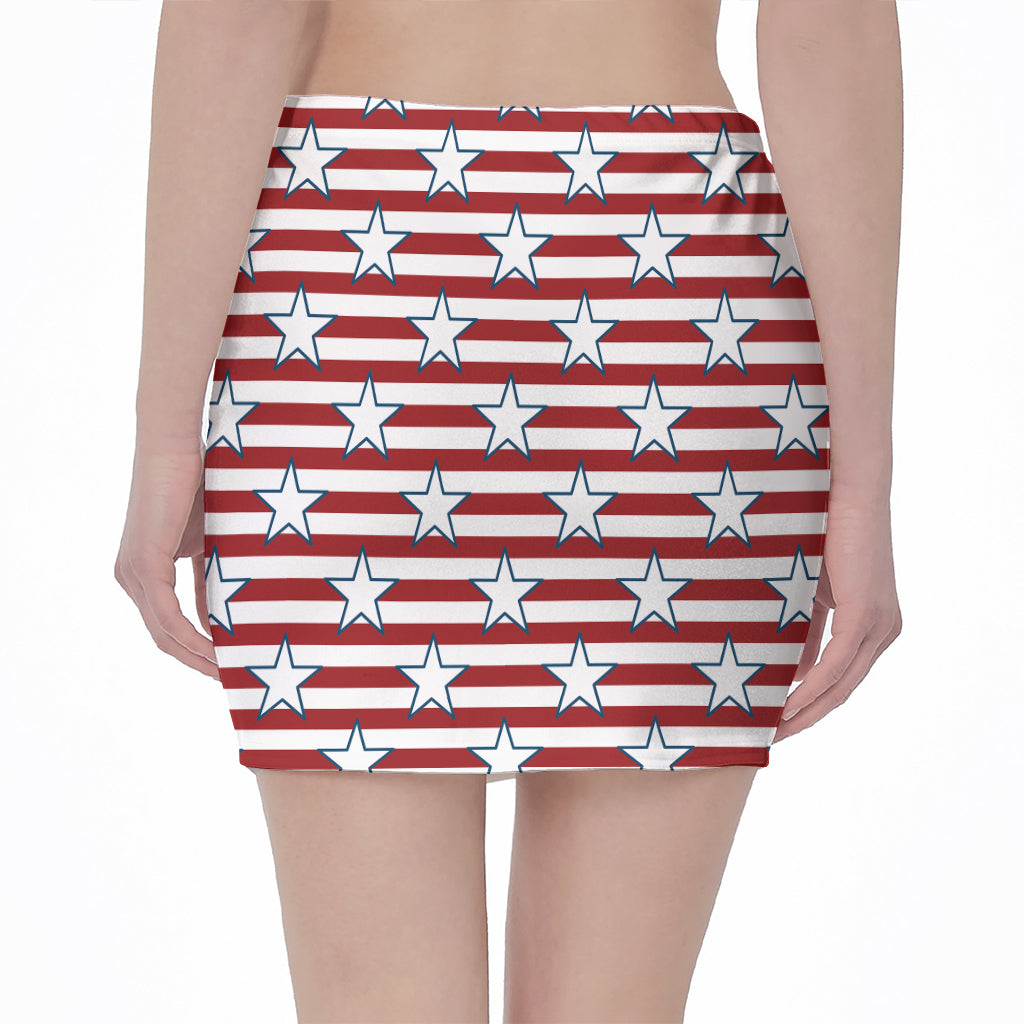Red Striped USA Star Pattern Print Pencil Mini Skirt