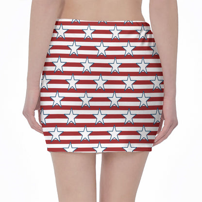 Red Striped USA Star Pattern Print Pencil Mini Skirt
