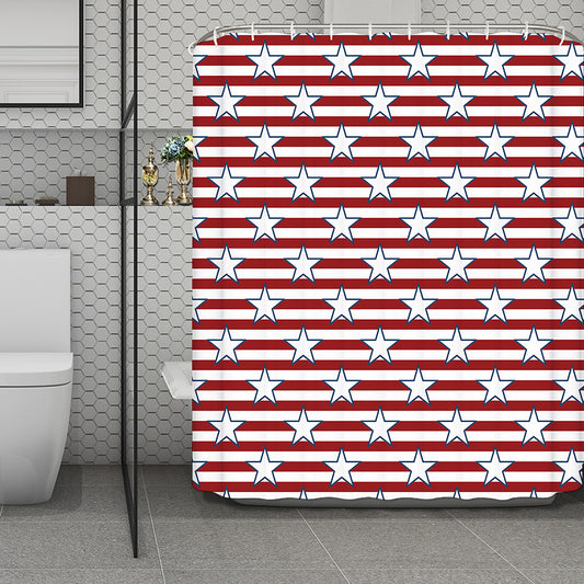Red Striped USA Star Pattern Print Polyester Shower Curtain