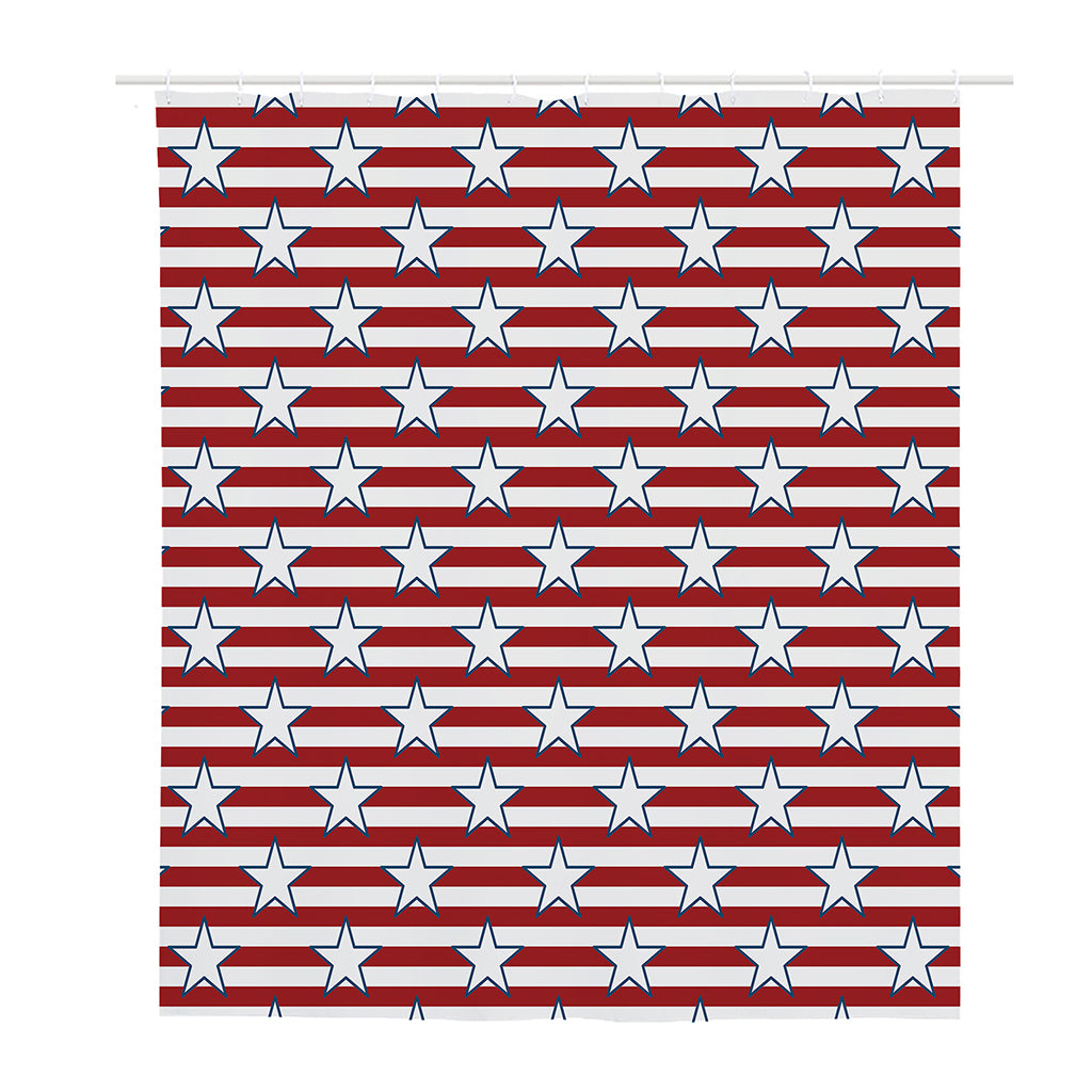 Red Striped USA Star Pattern Print Polyester Shower Curtain