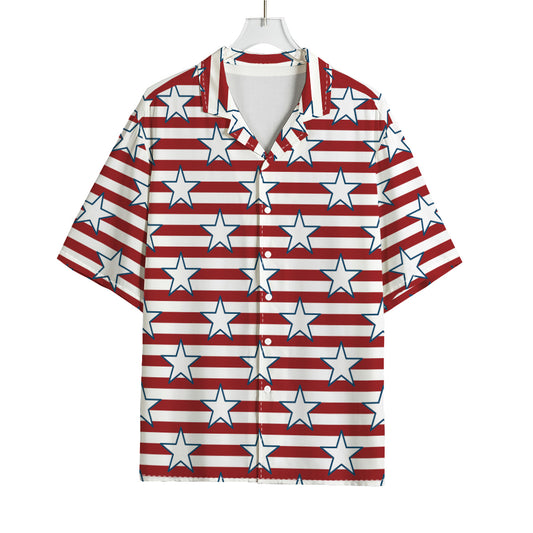 Red Striped USA Star Pattern Print Rayon Hawaiian Shirt