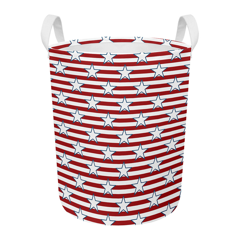 Red Striped USA Star Pattern Print Round Laundry Basket