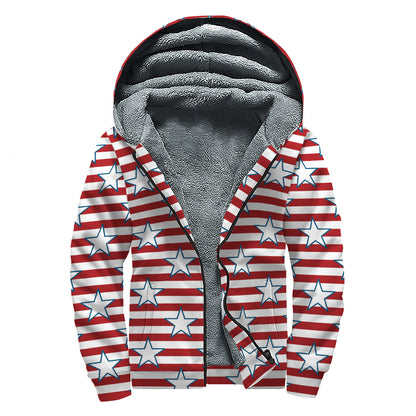 Red Striped USA Star Pattern Print Sherpa Lined Zip Up Hoodie