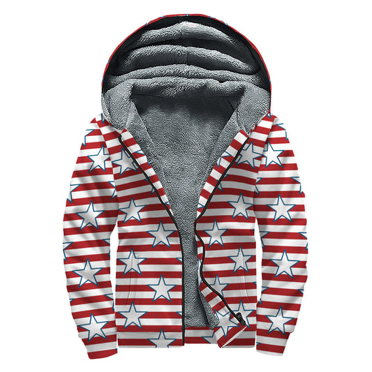 Red Striped USA Star Pattern Print Sherpa Lined Zip Up Hoodie