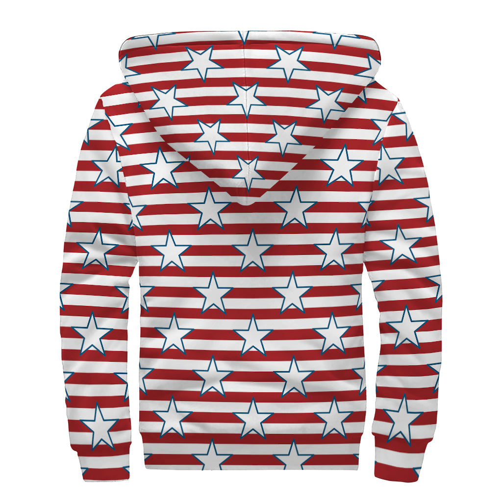 Red Striped USA Star Pattern Print Sherpa Lined Zip Up Hoodie