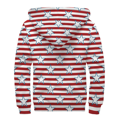 Red Striped USA Star Pattern Print Sherpa Lined Zip Up Hoodie