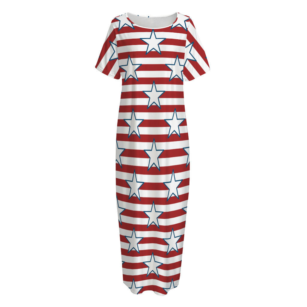 Red Striped USA Star Pattern Print Short Sleeve Long Nightdress