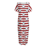Red Striped USA Star Pattern Print Short Sleeve Long Nightdress