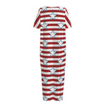 Red Striped USA Star Pattern Print Short Sleeve Long Nightdress