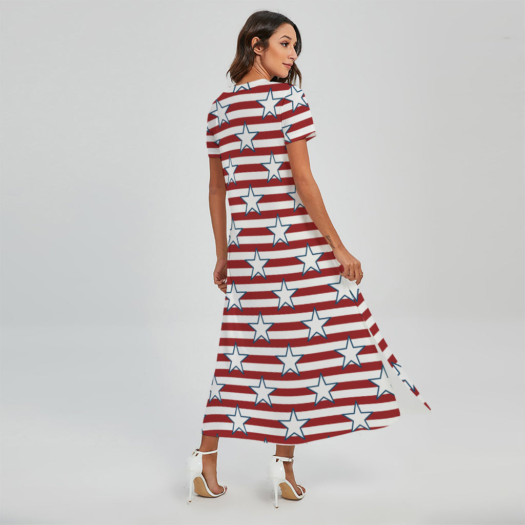 Red Striped USA Star Pattern Print Short Sleeve Maxi Dress
