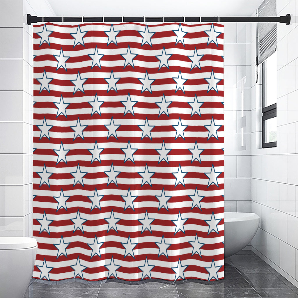 Red Striped USA Star Pattern Print Shower Curtain