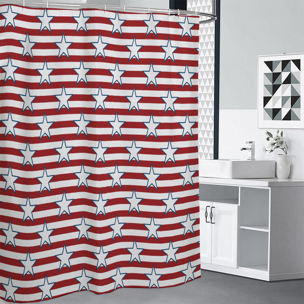 Red Striped USA Star Pattern Print Shower Curtain
