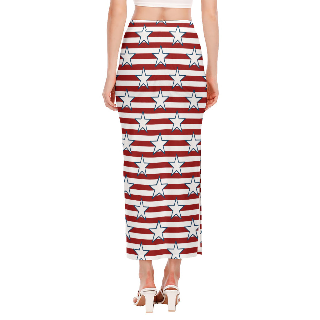 Red Striped USA Star Pattern Print Side Slit Maxi Skirt