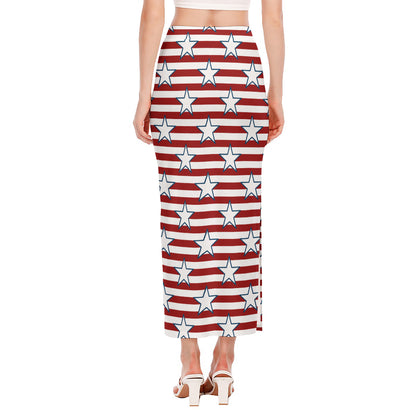 Red Striped USA Star Pattern Print Side Slit Maxi Skirt