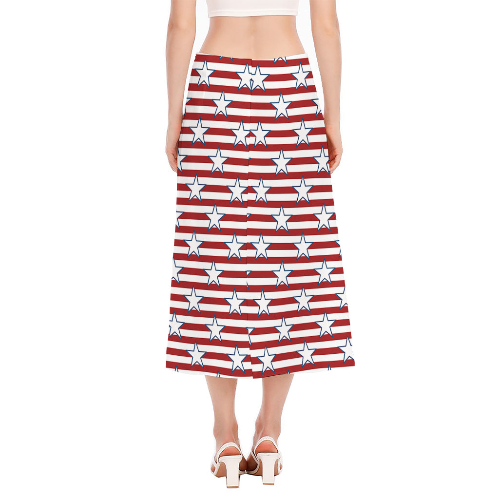 Red Striped USA Star Pattern Print Side Slit Midi Skirt