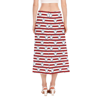 Red Striped USA Star Pattern Print Side Slit Midi Skirt