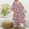 Red Striped USA Star Pattern Print Silk V-Neck Kaftan Dress