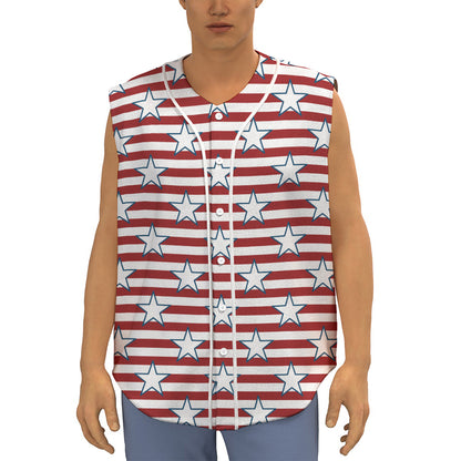 Red Striped USA Star Pattern Print Sleeveless Baseball Jersey