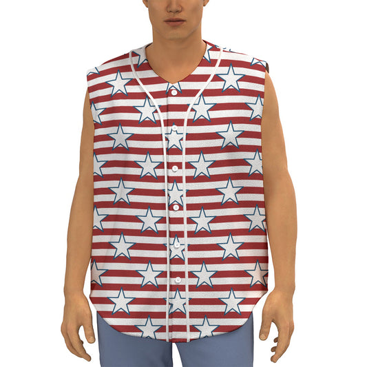 Red Striped USA Star Pattern Print Sleeveless Baseball Jersey